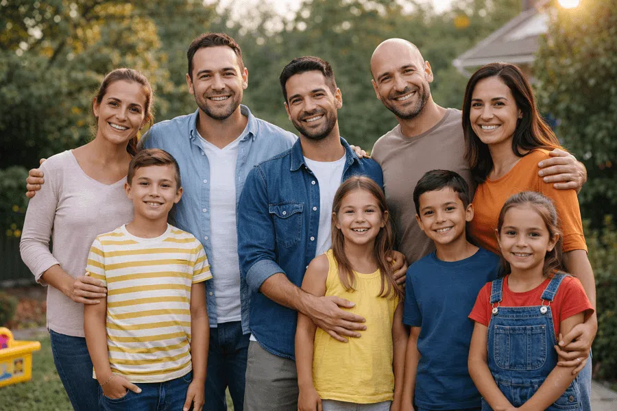 משפחה מורחבת עם הורים וילדים עומדים יחד בחצר ומחייכים למצלמה